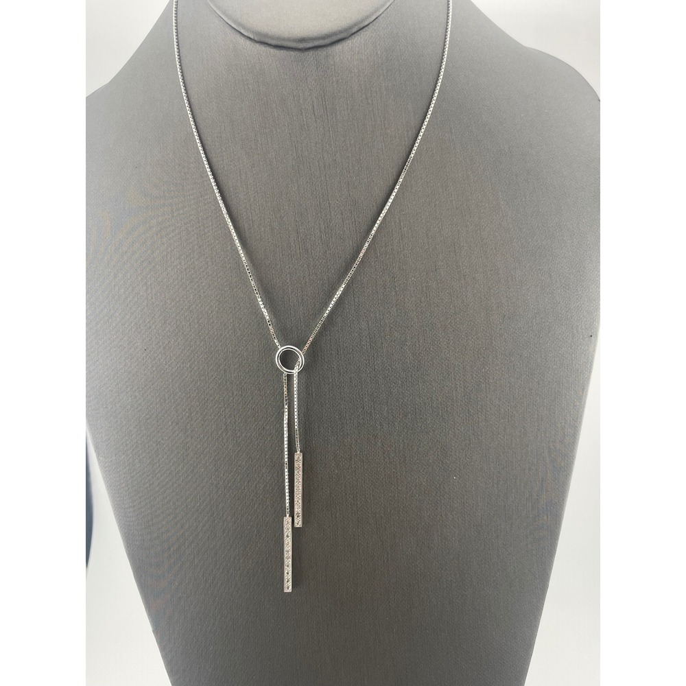 Sterling Silver CZ Lariat Y Necklace Adjustable Box Chain Pavé Bar‎ Drop Pendant